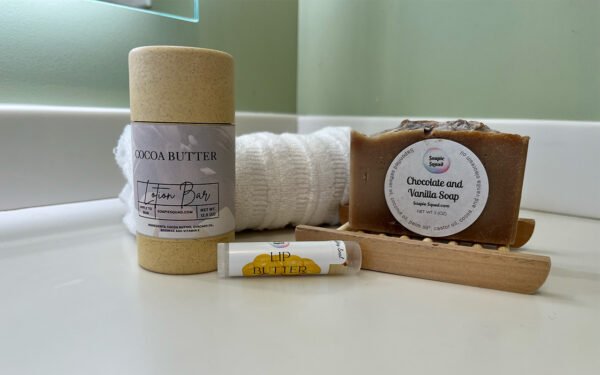 Ultimate chocoalte gift bundle with soap, cocoa butter and lip balm.