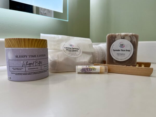 Lavender gift bundle with soap, lotion, sleepy time and lip butter.