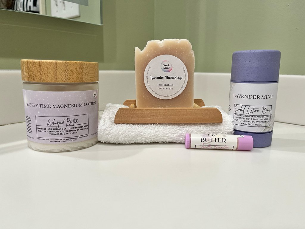 Lavender gift bundle with soap, lotion, magnesium, lip balm, drip tray and washcloth.